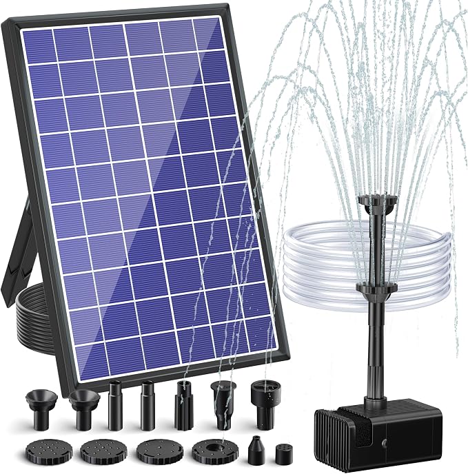 POPOSOAP 8W Solar Water Pump Built-in 3600mAh Battery Backup, Solar Bird Bath Pump with 9.8Ft Cable, 8 Nozzles & PVC Tubing, Solar Fountain for Bird Bath Garden Fish Tank Pond Water Feature P108D