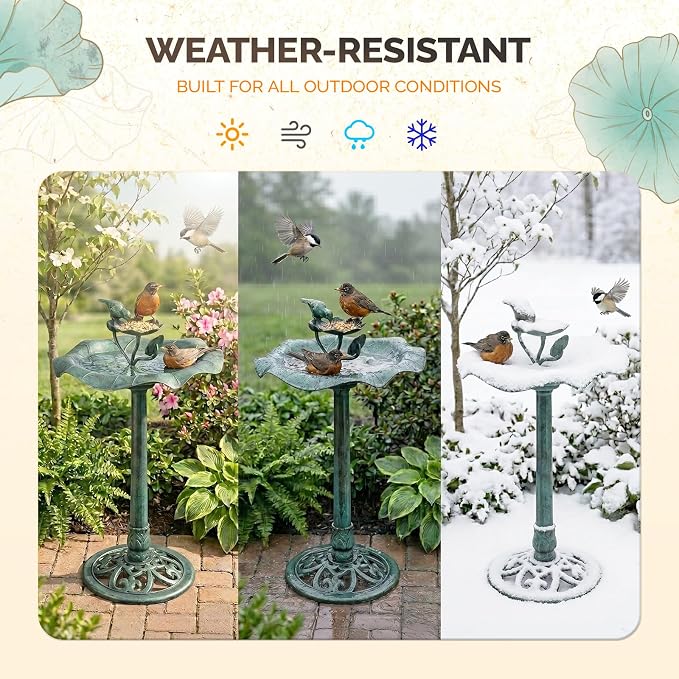 VINGLI Pedestal Bird Bath 28 Inch Antique Copper Resin Birdbaths Weather Resistant Floral Accents and Vintage Finish Garden Decor for Outdoor Lightweight Courtyard… (Green-with Bird Feeder)