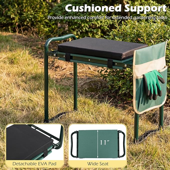 Goplus Foldable Garden Kneeler and Seat, 11" Wide 2-in-1 Gardening Bench, Detachable Thick EVA Foam Pad, 350 lbs Heavy-Duty Metal Frame, Tool Pouch, Portable Stool, Gardening Kit for Seniors (Green)