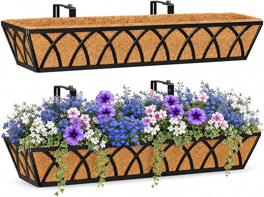 Y&M 2pcs 30'' Metal Outdoor Planter Boxes, Large Railing Mount Planters with Coco Liner for Balcony, Porch, Fence
