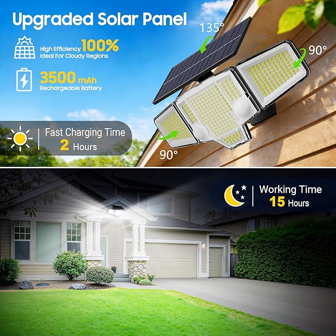 2026 Solar Motion Sensor Lights Outdoor 4Pack, Dual PIR & Curved 300° Wide Beam, 4000LM Solar Flood Lights Larger 3500mAh,Adjustable Solar Security Spot Lights Waterproof for Yard- Black
