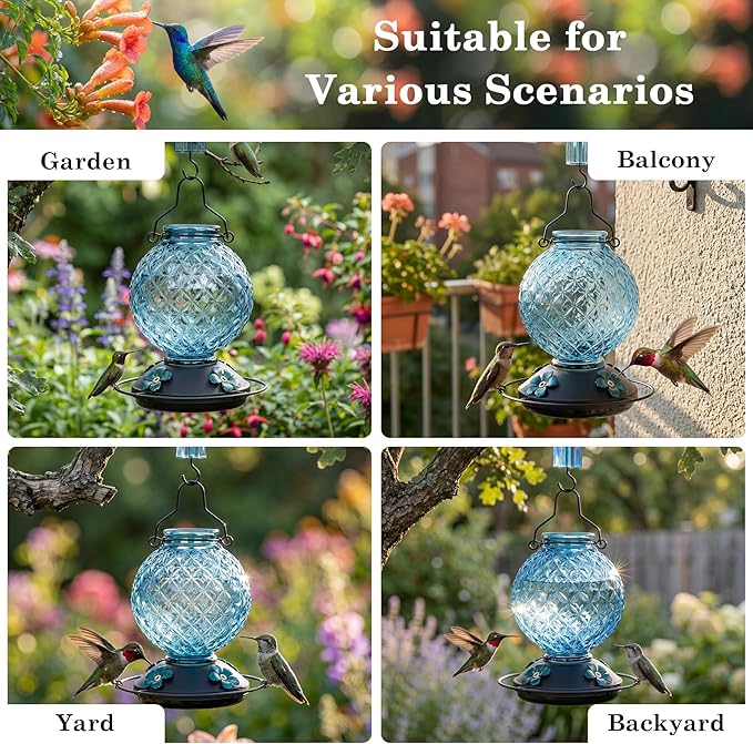 Glass Hummingbird Feeder for Outdoors Hanging, 25 OZ Humming Bird Nectar Feeder with 4 Bee Guard Feeding Ports & Built-in Ant Moat, Bird Feeder for Outside, Gifts for Women Mom, Blue