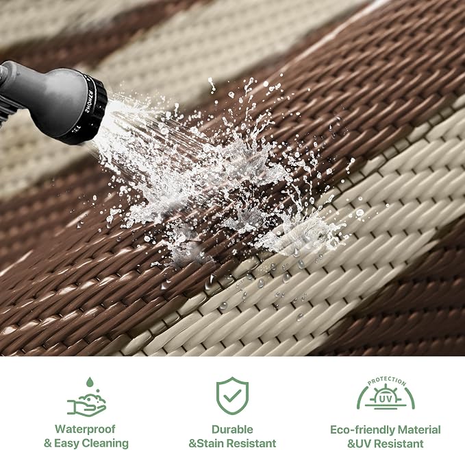 GENIMO Outdoor Rug Waterproof for Patio, 10'x14' Foldable Reversible Plastic Straw Carpet for Travel Trailers, Outside Area Mat for Rv, Deck, Picnic, Porch, Camper, Balcony, Beach, Coffee & Beige