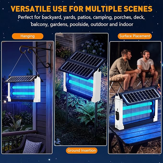 Solar Bug Zapper Outdoor, 4500V Solar Mosquito Zapper with Dual Solar Panels, 1/2 Acre Coverage Cordless Rechargeable Electric Fly Zapper, IPX5 Waterproof Mosquito Traps for Backyard, Patio, Camping