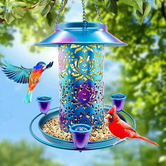Solar Bird Feeder for Outdoors, 3 Nectar Cups for Hummingbirds, Metal Squirrel-Proof Weatherproof, 2-in-1 Garden Lantern Auto Light at Night, Perfect for Birthdays, Christmas, Bird Lovers
