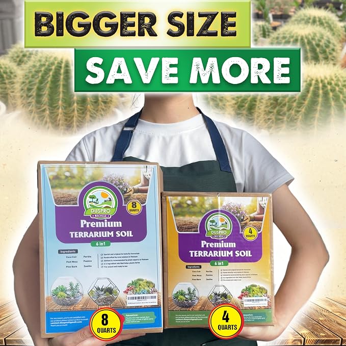 DUSPRO Premium 6in1 Terrarium Soil Mix – Pre-Mixed Terrarium Substrate Mix for Terrariums, Balanced Moisture Growing Medium with Coco Coir, Peat Moss, Pine Bark, Perlite, Pumice & Zeolite 8QRT