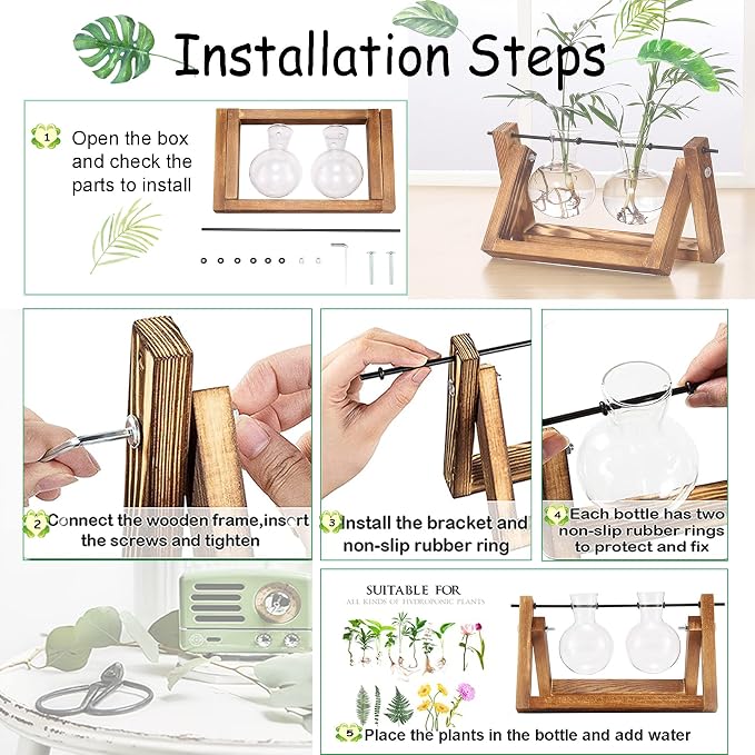 Kingbuy Glass Desktop Planter with Retro Wooden Stand, 2 Bulbs | Plant Terrarium Vase, Indoor Office Desk Decor, Accessories