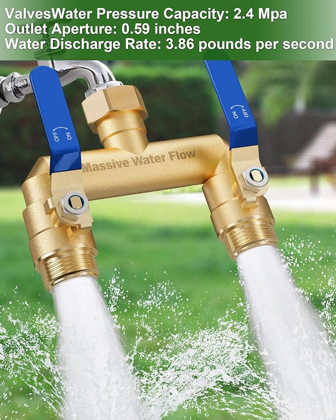 Hose Splitter 2 Way Heavy Duty, Full Flow Garden Hose Splitter with 2 Long Metal Handles, Brass Rust and Freeze Resistant Water Hose Bib Splitter, T Adapter Connector with 3/4 - Inch GHT Thread（Blue）