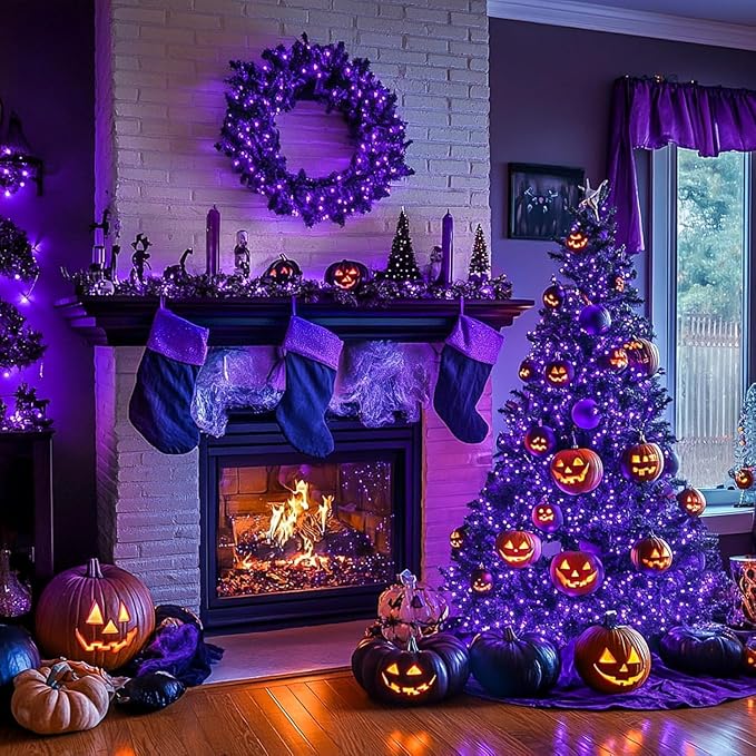 JMEXSUSS Purple Halloween Lights, 300 LED Purple Christmas String Lights Clear Wire, Fairy Lights for Bedroom Indoor Outdoor Yard Tree Xmas Spooky Halloween Party Decor (Non-Connectable)