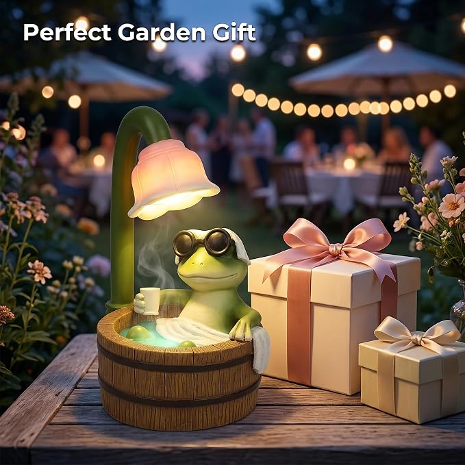 MXwcy Solar Frog Garden Statue with Lights, 6.3" Resin Frog Figurine Solar Garden Decor Outdoor Waterproof Lawn Ornament for Patio Yard, Cute Frog Gifts for Women Mom Grandma