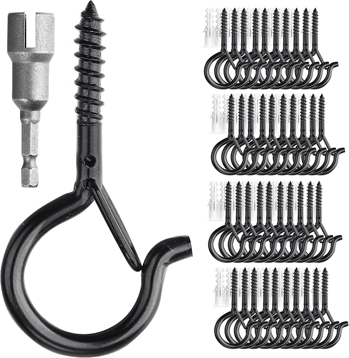 PlusRoc 40 Pack Ceiling Hooks for Hanging Plants Outdoor String Lights Heavy Duty, 2.2 Inch Eye Hook Screw in Cup Hooks Q-Hanger for Patio Lights, Wall Wood Fence Deck Mount(Black)