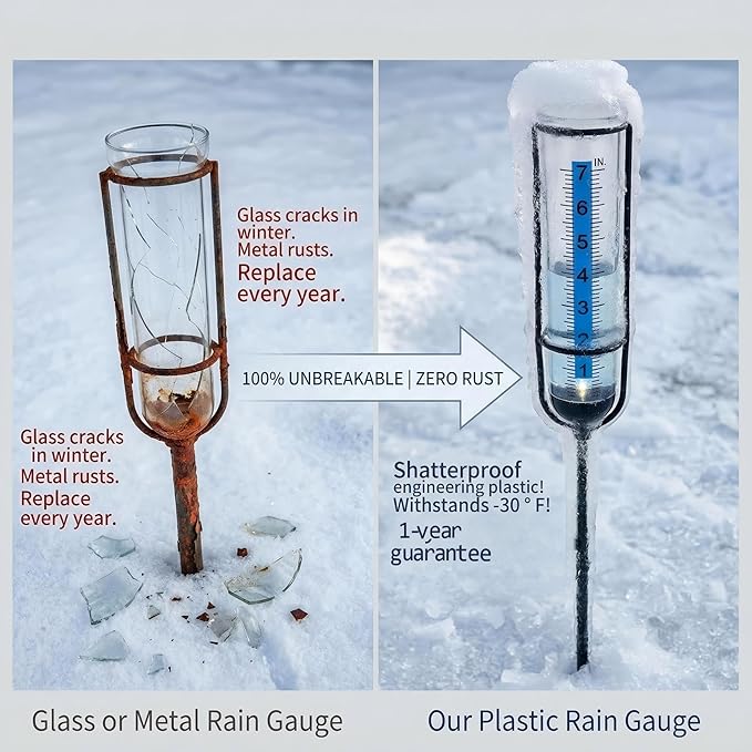 Rain Gauge Outdoor Plastic Garden: High-Contrast Blue Scale Read 20Ft, Shatterproof -30°F, Stable Stake Won't Tip, Easy Install for Lawn Yard Patio