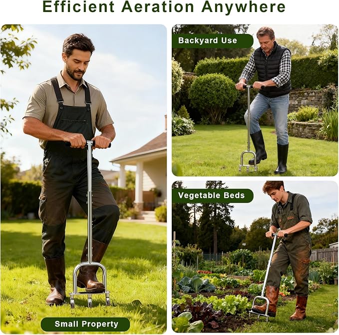 Manual Core Lawn Aerator, Metal Aerator Lawn Tool with 3 Replaceable Hollow Tine - Semi-Assembled Yard Aeration Tool for Lawn Care, Lawn Aeration, Garden Tool, Revives Lawn Health