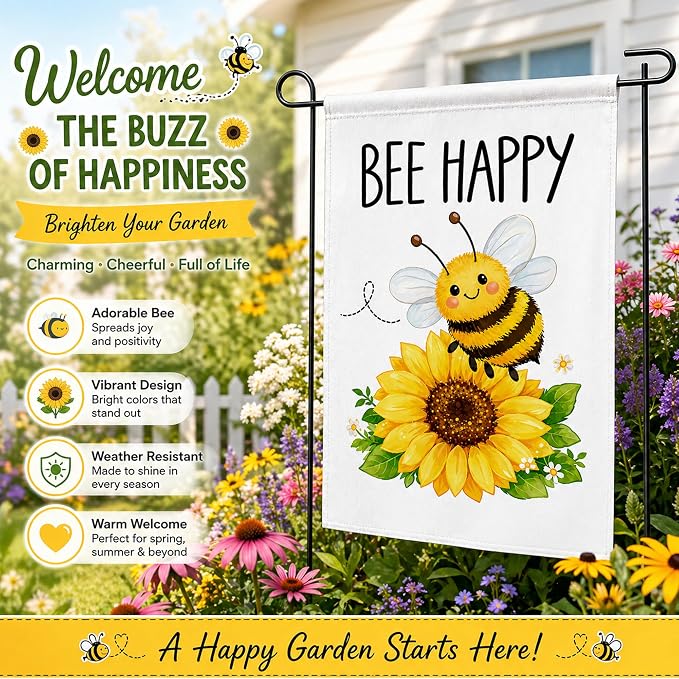 Summer Party Decorations - Bee Happy Summer Garden Flag | Double Sided Sunflower Welcome Yard Decor | Summer Party Accessories Backdrop Favors Supplies Decor for Garden Yard Porch Patio Lawn Outdoor Outside