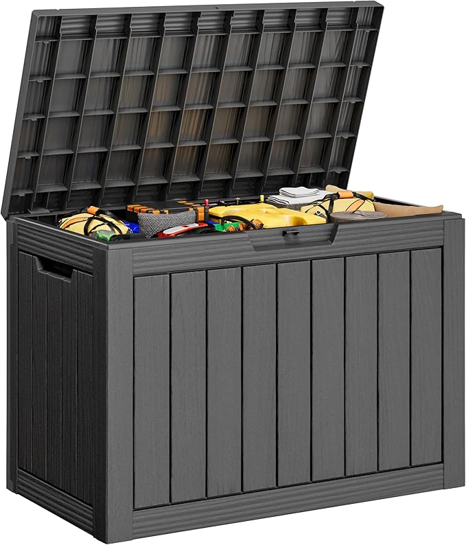 Outdoor Storage Box, 40 Gallon Resin Deck Boxes Outdoor Waterproof For Patio Furniture, Garden Tools, Pool Supplies, Lockable And UV Resistant (Striped Black)