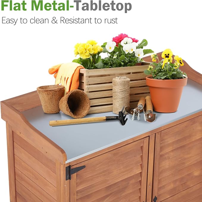 Outdoor Storage Cabinet & Potting Bench Table with Metal Work Top, Vented Louvered Doors, Wooden Patio Furniture, Garden Workstation, Latte, 36x31x17in