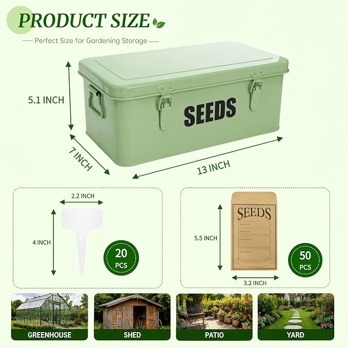 Seed Saving Box with 4 Compartments, Large Metal Seed Organizer Packet Container with Lid & Safety Locks, Garden Seed Storage Bin for Seeds with 50 Plant Labels, 20 Envelopes