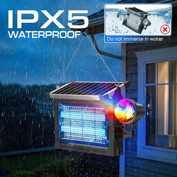 Solar Bug Zapper Outdoor with Projector Lights, 4500V Mosquito Zapper | Solar & USB Rechargeable, IPX5 Waterproof, Smart Dusk to Dawn, Cordless Insect Killer for Patio, Garden, Backyard, Camping