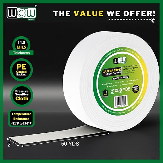 Wow Gaffers Tape 2 Inch White - 50 Yards (Pack of 6), Residue Free, Non-Reflective & Heavy-Duty - Professional Grade White Gaff Tape - Ideal for Photography Backdrop, Cables, Cords & Floor Taping