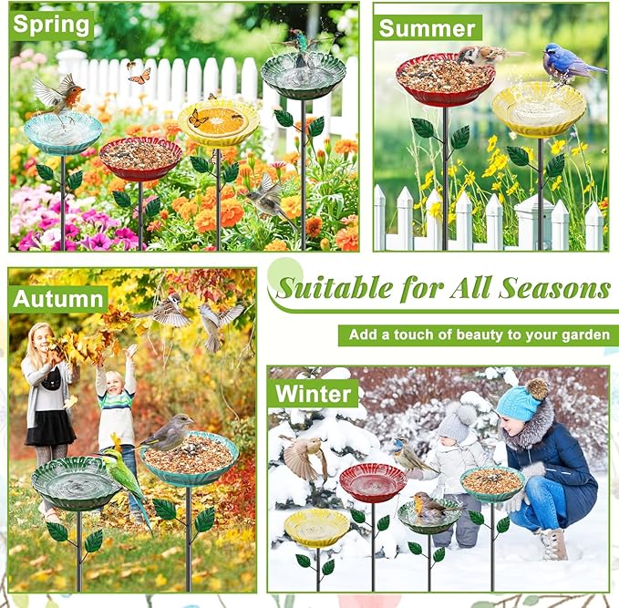 4PCS Flower Bird Baths for Outdoors —5.7" Metal Hummingbird Bath with Adjustable Stake, Colorful Garden Birdbath Decor Set for Outside Yard Lawn Patio(4PCS Herbacin)