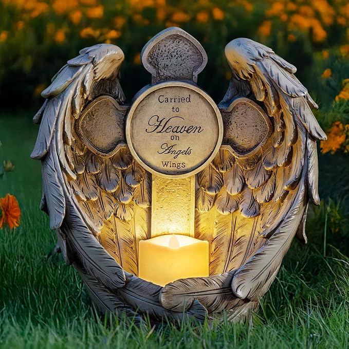 12“ Angel Wings Embracing Cross Solar Flameless LED Candles Outdoor Garden Memorial Statue for Garden Decoration Yard Art, A Touching Memorial Gift & Condolence Gifts Grave Decorations for Cemetery
