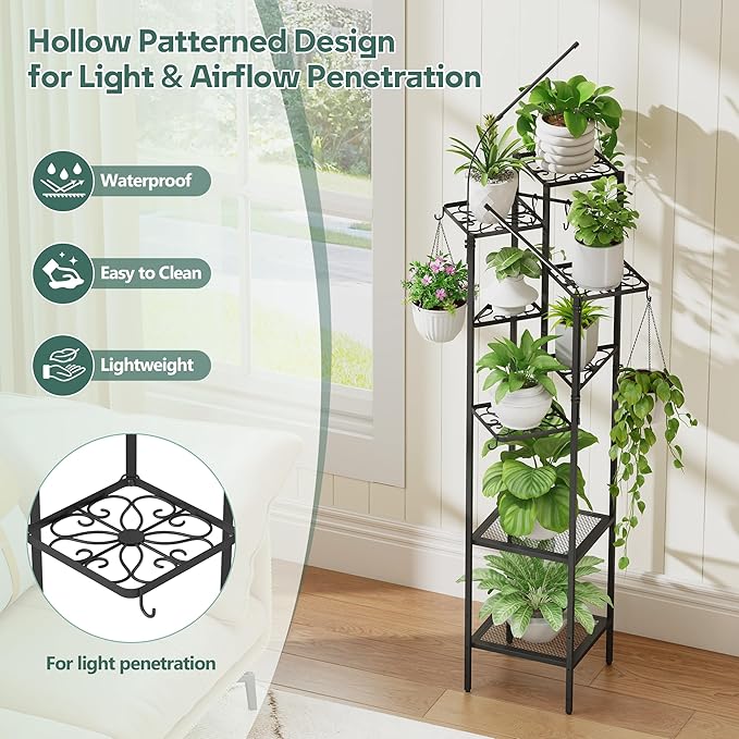 Quikraen 8 tiers Metal Plant Stand with Grow Lights, Tall Lighted Corner Plant Shelf for Indoor Plant Growing,Flower Pot Holder, Plant Rack for Home Decor, Patio (Black)