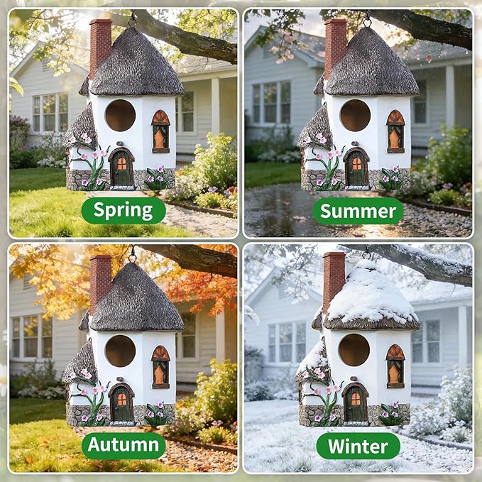 Bird Houses for Outside Rustic Cottage Birdhouse with Chimney Thatch Roof – Hand-Painted Resin Birdhouses for Outdoors for Bluebird Finches Cardinals Bird Nesting Garden, Patio, Yard