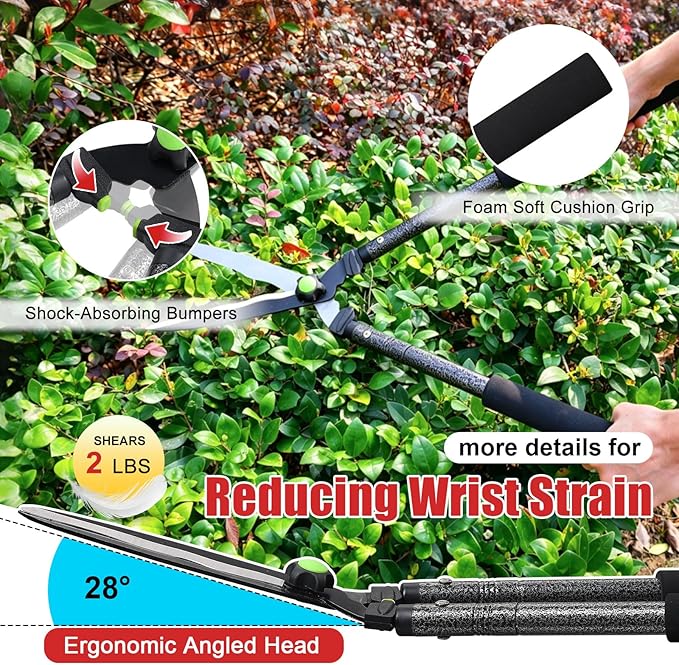 Sharp Hedge Clippers Shears Clean Cuts - 2×Leverage Long Handles for Effortless Trimming,Teflon Coated Anti-Slip Cutting Wavy Blades,Lightweight Hedges Shears for Gardening Yard Shaping Shrubs Bush