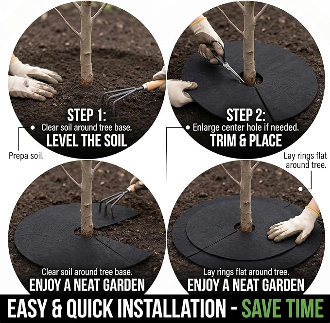 4 Pack 40.15 Inch Non-Woven Tree Mulch Ring - Degradable Tree Protector Mat, Biodegradable & Reusable Tree Mulching Ring for Landscaping, Weed Control, and Root Protection（Black）
