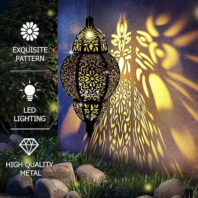 AIINY Hanging Solar Lantern Outdoor Decor,Moroccan LED Lights for Outside Garden Decorations 11.8In,Waterproof Lanterns Garden Gifts for Mom, Women, Patio,Yard(Black)
