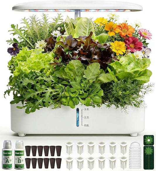 Hydroponics Growing System Kit, Soil-Free Indoor Herbs Garden, 12 Pods Plant Growth Equipment with 24W Full Spectrum LED Grow Light, Smart Silent Cycle Water Pump, 3.8L Tank for Gardening