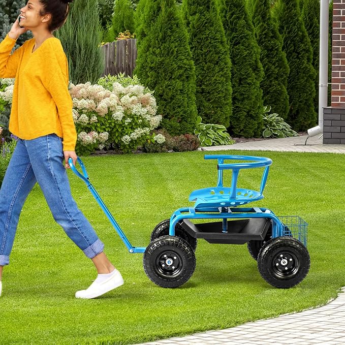 Byroce Rolling Garden Cart with Seat, Heavy Duty Wheelbarrow Utility Cart with Metal Frame, Swivel Seat, Tool Tray, Storage Basket & Adjustable Handle, Outdoor Garden Wagon Scooter for Yard (Blue)