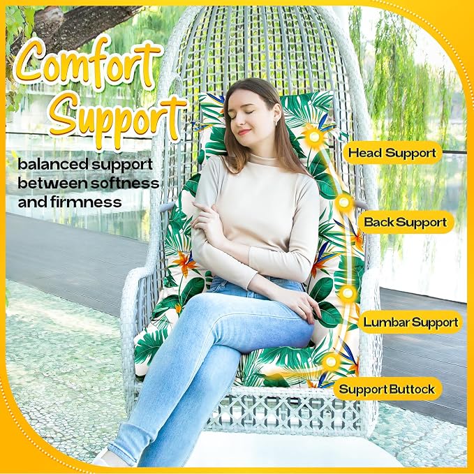 MAGIC ELEPHANT Egg Chair Cushion, Memory Foam Hanging Egg Chair Cushion Replacement, Indoor Outdoor Hammock Basket Swing Cushion with Headrest (Tropical Monstera)