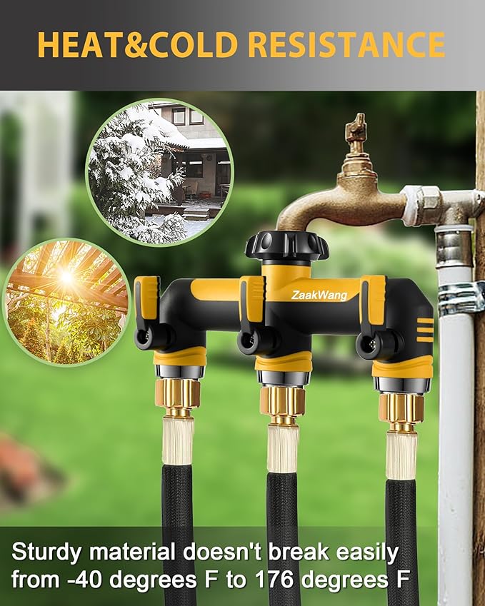 Garden Hose Splitter, 3 Way Hose Splitter, Heavy Duty Water Hose Bib Spigot Splitter, Outdoor Faucet Splitter with Shutoff Valve, T Adapter Connector with 3/4 - Inch GHT Thread (Yellow)