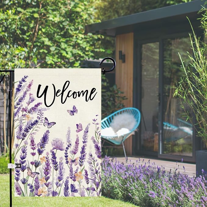 Baccessor Spring Lavender Welcome Garden Flag 12.5 x 18 Inch Double Sided Purple Floral Flower Butterfly Farmhouse Small Burlap Yard Flag Holiday Seasonal Outdoor Outside Decoration