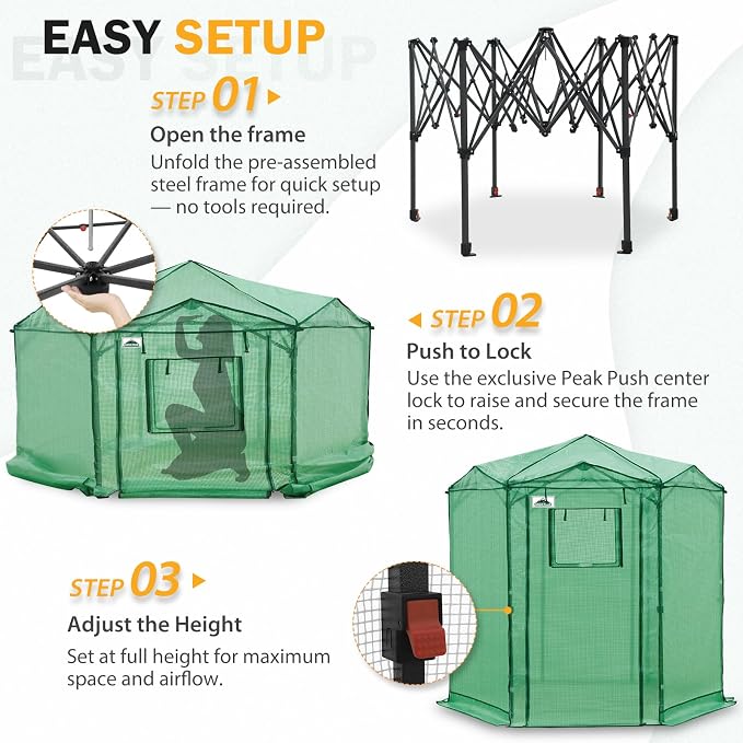 EAGLE PEAK 6.6x6.6 Portable Walk in Greenhouse, Pop Up Indoor Outdoor Greenhouse, Green House Kit with Zippered Roll-Up Doors and Windows, Hexagon Design, PE Cover, Clear/Green