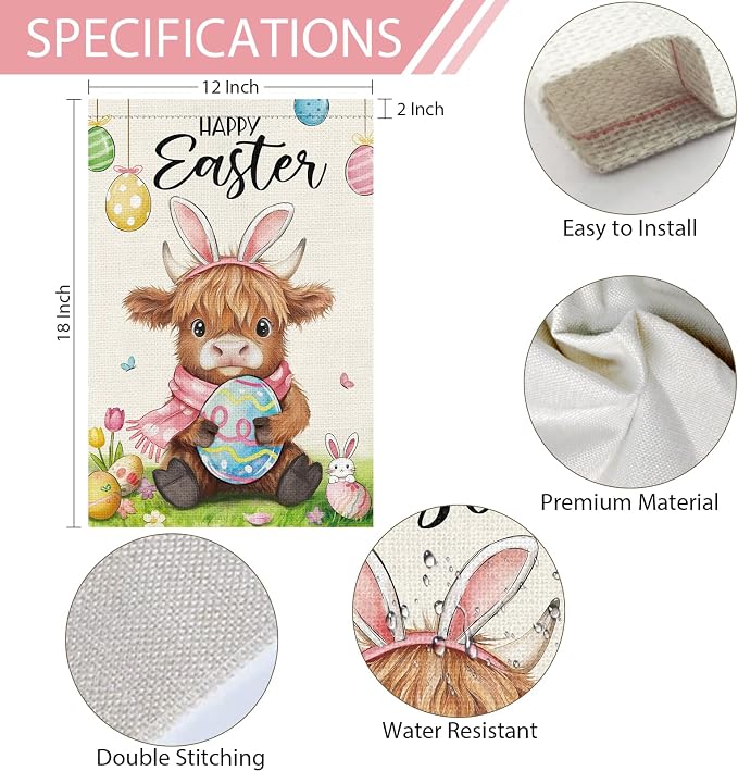 Heyfibro Happy Easter Highland Cow Bunny Garden Flag 12x18 Double Sided Burlap, Cute Cow with Bunny Ears & Easter Egg Yard Banner for Spring Holiday Farmhouse Yard Outdoor Decor(ONLY FLAG)