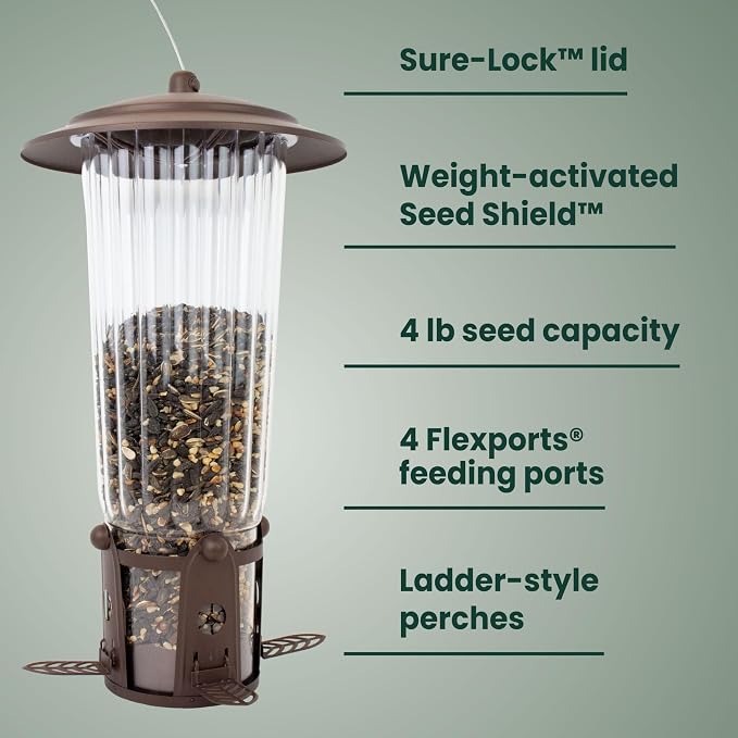Perky-Pet Squirrel-Be-Gone Max Bird Feeder with (4) Flexport Feeding Stations - Squirrel-Proof Metal Hanging Feeder for Outdoors, Weight-Activated Ladder-Style Perches, 4lb Seed Capacity, 334-1SR