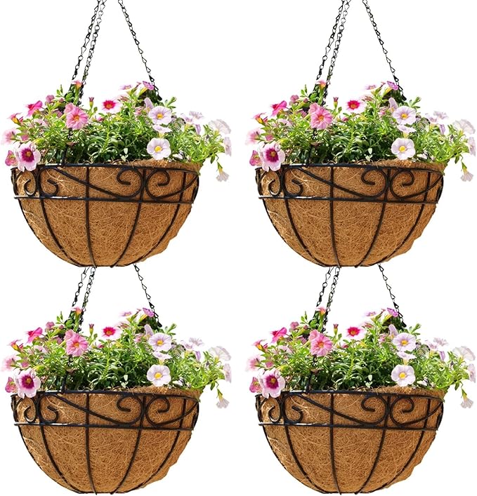 EIMQUVW Outdoor Metal Hanging Planters Basket (4pack, 14 inch) Hanging Baskets for Plants Chain Round Wire Plant Holder with Coco Fiber Liners for Garden, Patio, Deck, Porch(Flower Border)
