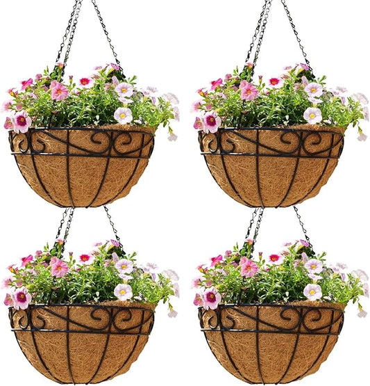 EIMQUVW Outdoor Metal Hanging Planters Basket (4pack, 12 inch) Hanging Baskets for Plants Chain Round Wire Plant Holder with Coco Fiber Liners for Garden, Patio, Deck, Porch(Flower Border)