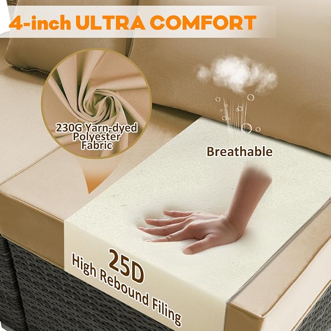 Outdoor Replacement Cushions for Patio Furniture,Water-Resistant Sofa Cushion for Rattan Wicker Sectional Patio Conversation Sets,14-Piece Outdoor Couch Cushion, Khaki