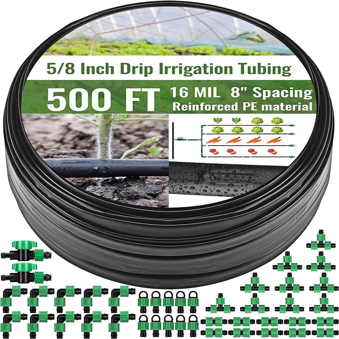 500 ft 5/8 Inch Drip Tape Irrigation Kit Drip Tape 16 Mil 8" Spacing Hose Garden Watering Tubing System Automatic Irrigation Equipment for Plant, Landscape, Yard, Lawn and Farm