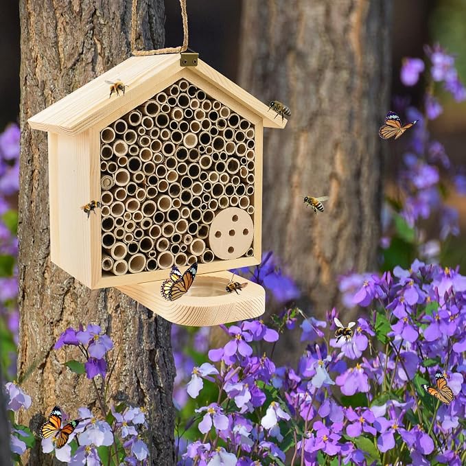Mason Bee House with Feeding Trays - Natural Pine Wood Hanging Bee Hive,Insect Hotel for Garden Backyard, Outdoor Garden Decoration Attracts Bees, Butterflies, Ladybugs Pollinators