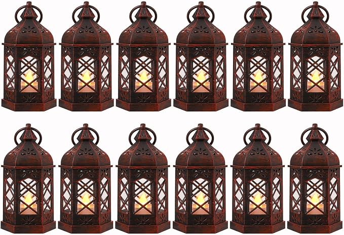 LLQ 12PCS Brushed Red Mini Lantern with LED Tealight for Halloween Decorations, Small Moroccan Lanterns for Wedding Decor, Vintage Christmas Lights for Table Centerpiece, Hanging Ornaments Bulk