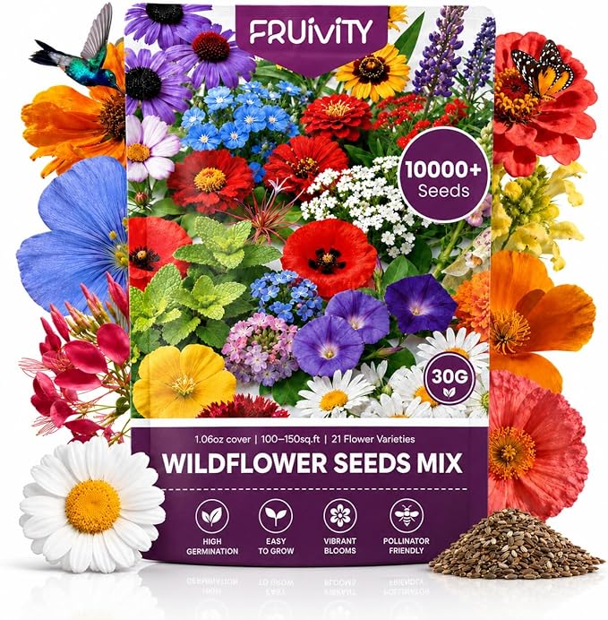 Wildflower Seeds Bulk 10000+, 1.06oz Butterfly Hummingbird Mix, 21 Variety Perennial Annual Mix, Heirloom Flower Seeds for Planting Outdoor Indoor, High Germination Rate Garden Seeds