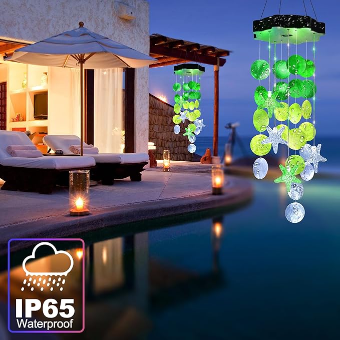 Solar Shell Gift for Mom Grandma Girls, White & Green Solar Christmas Wind Chimes for Outside, Outdoor Decorative Mobile Lights for Garden, Yard, Patio, Window, Party, Christmas Decorations