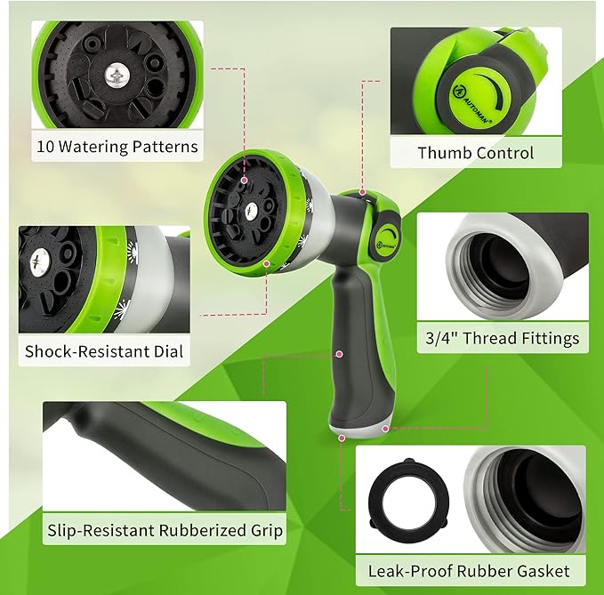AUTOMAN Garden Hose Nozzle - 2 Pack, Thumb Control Sprayer, Slip-Resistant Water Nozzle, Extra 4 Washers, for Watering Plants Lawn & Garden, Cleaning, Washing Car, Showering Pets