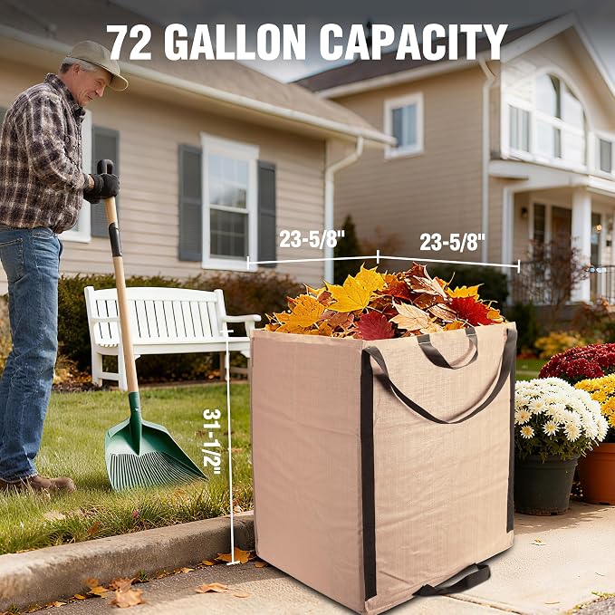 WORKPRO Heavy Duty 72-Gallon Reusable Yard Waste Bags, 3 Pack Self-standing Leaf and Lawn Bags with Reinforced Handles, Garden Waste Bags for Debris, Leaves, Grass, and Outdoor Recycling, Light Tan