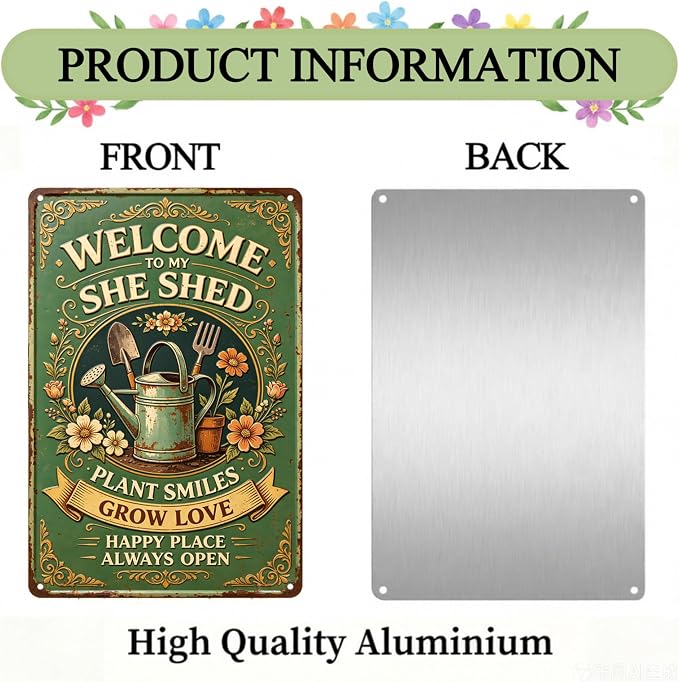 2D Flat Funny Garden Signs, Welcome to My She Shed Vintage Garden Decor, Outdoor Wall Decor for Patio Yard Greenhouse Home, Waterproof Garden Gifts 8x12 Inch