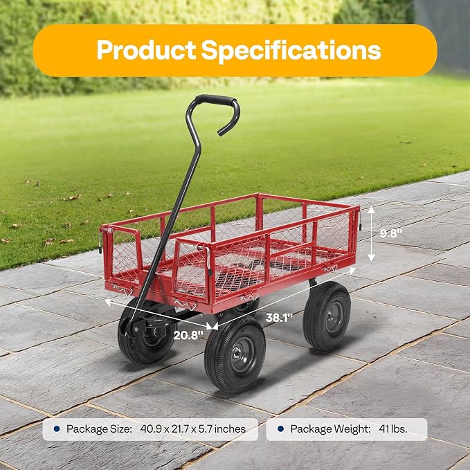 VIVOHOME Heavy Duty 880 Lbs Capacity Mesh Steel Garden Cart Folding Utility Wagon with Removable Sides and 4.10/3.50-4" Wheels 10 inch Tire(Red)
